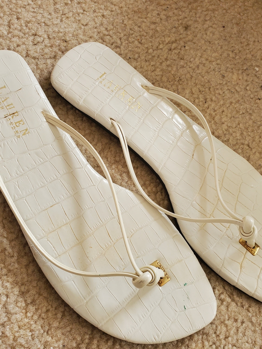 Ralph Lauren White Croc-Embossed Knotted Thong Sandals sz 11M